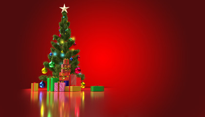 Christmas Christmas tree and gifts on a red background, holidays, render 3d illustration