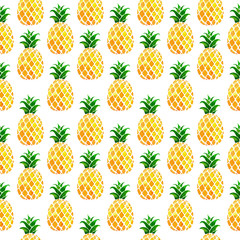 Hand drawn seamless pattern with pineapples isolated on white background. Colorfull summer seamless background for textile, print and banners. Healthy food concept.