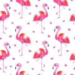 Hand drawn watercolor flamingos with hearts seamless pattern on white background. Summer bright illustration. Perfect for fabric textile, banners, print