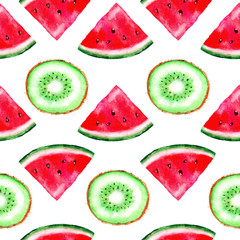 Watercolor kiwi and watermelon seamless pattern isolated on white background. Summer vector background
