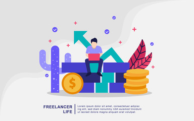 Freelance concept vector illustration in cartoon style. Home office workplace. Hipster bearded freelancer working remotely from his laptop