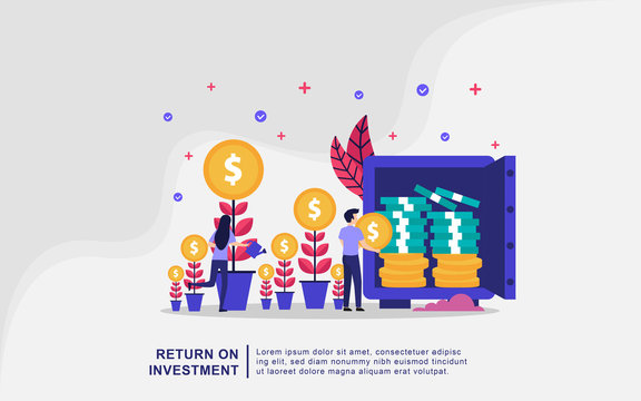 Illustration concept of investment. Money investing, financiers analyzing stock market profit. Portfolio income, capital gains income, royalties from investments concept.