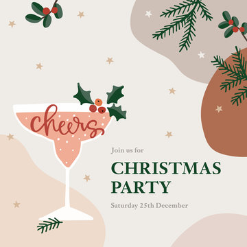 Christmas party greeting card, invitation. Cocktail, wine glass with holly berries. Cheers handletterd text. Winter celebration concept. Abstract background with fir branches, stars and cranberries.