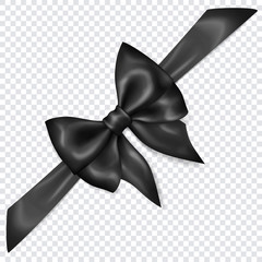 Beautiful black bow with diagonally ribbon with shadow on transparent background. Transparency only in vector format
