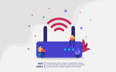 Illustration concept of wifi area. wireless area, free wifi, people use wifi. Can use for, landing page, template, ui, web, mobile app, banner - obrazy, fototapety, plakaty