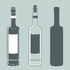 Set of two identical transparent and dark glass wine bottles, as well as their stencil, clip art on a gray isolated background in vintage style