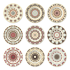 Set of nine red decorative plates with a circular pattern, top view. White background. Vector illustration.