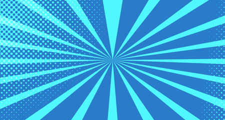Vintage colorful comic book background. Blue blank bubbles of different shapes. Rays, radial, halftone, dotted effects. For sale banner for your designe 1960s. With copy space eps10.