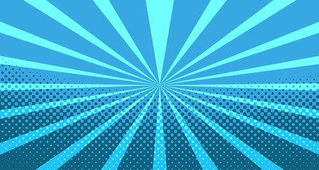 Vintage colorful comic book background. Blue blank bubbles of different shapes. Rays, radial, halftone, dotted effects. For sale banner for your designe 1960s. With copy space eps10.