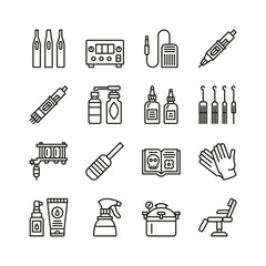 Tattoo equipment line icon set. Flat tools collection. Tattoo machine, cartridge, needle, glove, paint, disinfection, care, sterilization. Vector illustration.
