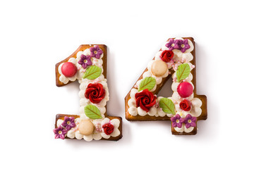 Valentine's Day cake with 14 number with flowers decorated isolated on white background.  - obrazy, fototapety, plakaty