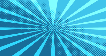 Vintage colorful comic book background. Blue blank bubbles of different shapes. Rays, radial, halftone, dotted effects. For sale banner for your designe 1960s. With copy space eps10.