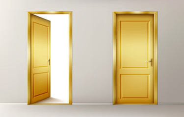 Golden doors. Vector set of realistic closed and open yellow doors in interior. Conceptual illustration for welcome, wealth luck or new opportunity