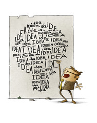 Businessman writes many times the word idea on the wall, the words make the shape of a light bulb. isolated
