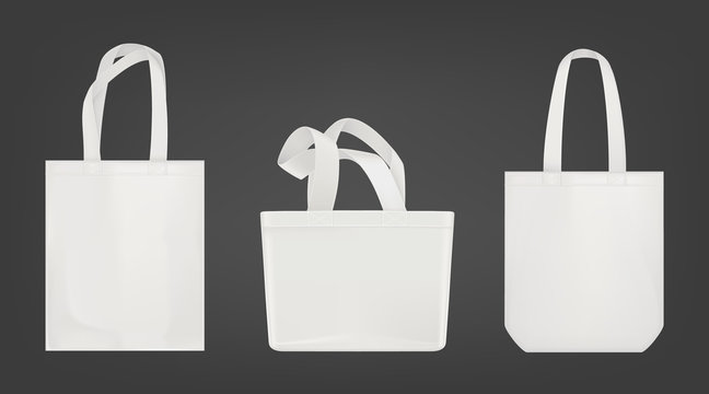 Tote shopping canvas bags. Vector mockup of realistic white reusable cotton ecobags different shapes isolated on gray background.