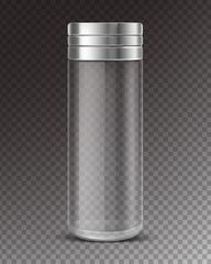 Empty glass salt shaker with metal cap isolated on transparent background. Vector realistic clear bottle salt cellar for sodium chloride, pepper and spice in front view
