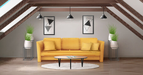 Modern lounge on attic with wooden ceiling beam and windows in roof. Vector realistic interior of mansard living room with yellow sofa, round glass coffee table and plants in white pots on garret © vectorpocket
