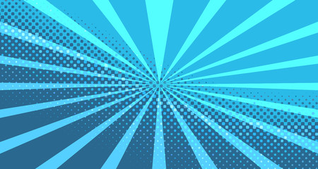 Vintage colorful comic book background. Blue blank bubbles of different shapes. Rays, radial, halftone, dotted effects. For sale banner for your designe 1960s. With copy space eps10.