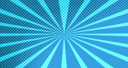 Vintage colorful comic book background. Blue blank bubbles of different shapes. Rays, radial, halftone, dotted effects. For sale banner for your designe 1960s. With copy space eps10.