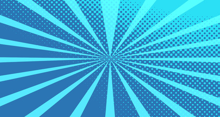 Vintage colorful comic book background. Blue blank bubbles of different shapes. Rays, radial, halftone, dotted effects. For sale banner for your designe 1960s. With copy space eps10.