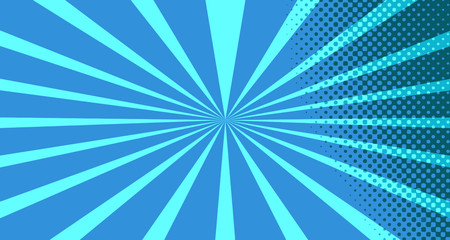 Vintage colorful comic book background. Blue blank bubbles of different shapes. Rays, radial, halftone, dotted effects. For sale banner for your designe 1960s. With copy space eps10.