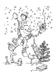 children sculpt a snowman, a winter card for the new year and Christmas