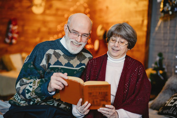 An elegant old couple in a Christmas studio. Grandparents in a cute sweaters. Family reading a book