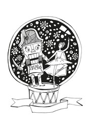 graphic illustration of Nutcracker and ballerina, glass ball with snow
