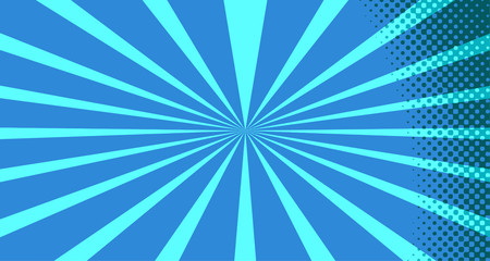 Vintage colorful comic book background. Blue blank bubbles of different shapes. Rays, radial, halftone, dotted effects. For sale banner for your designe 1960s. With copy space eps10.