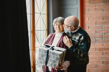 An elegant old couple in a Christmas studio. Grandparents in a cute sweaters. Family standing near window