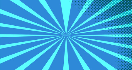 Vintage colorful comic book background. Blue blank bubbles of different shapes. Rays, radial, halftone, dotted effects. For sale banner for your designe 1960s. With copy space eps10.