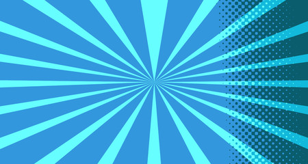 Vintage colorful comic book background. Blue blank bubbles of different shapes. Rays, radial, halftone, dotted effects. For sale banner for your designe 1960s. With copy space eps10.