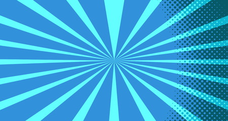 Vintage colorful comic book background. Blue blank bubbles of different shapes. Rays, radial, halftone, dotted effects. For sale banner for your designe 1960s. With copy space eps10.