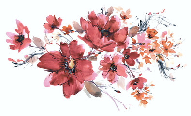 Flowers watercolor illustration.Manual composition.Big Set watercolor elements.