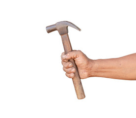 A man holding an old and rusty hammer isolated