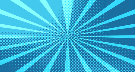 Vintage colorful comic book background. Blue blank bubbles of different shapes. Rays, radial, halftone, dotted effects. For sale banner for your designe 1960s. With copy space eps10.