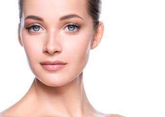 Beautiful woman face natural make up healthy skin close up beauty eyes