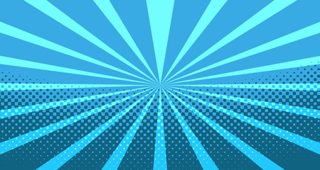 Vintage colorful comic book background. Blue blank bubbles of different shapes. Rays, radial, halftone, dotted effects. For sale banner for your designe 1960s. With copy space eps10.