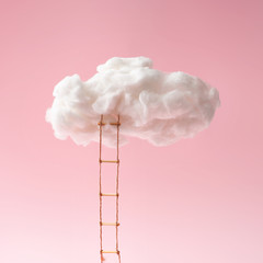 Step ladder leading to clouds . Growth, future, development concept. Minimal pink compostition. - obrazy, fototapety, plakaty