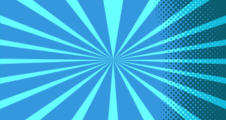 Vintage colorful comic book background. Blue blank bubbles of different shapes. Rays, radial, halftone, dotted effects. For sale banner for your designe 1960s. With copy space eps10.