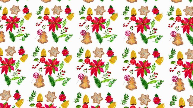Abstract background with hand drawn watercolor christmas gift boxes. Seamless looping 4K footage.