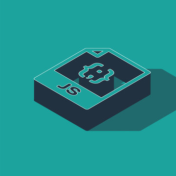 Isometric JS file document. Download js button icon isolated on green background. JS file symbol. Vector Illustration
