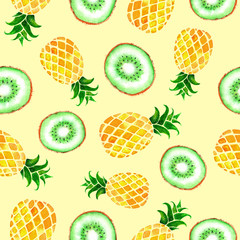 Hand drawn seamless pattern with watercolor pineapples and kiwi fruits on yellow background. Colorfull summer seamless background for textile, print and banners. Healthy food concept