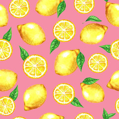 watercolor seamless pattern with lemons on pink background. Colorfull bright summer seamless background for textile, wallpapers, print and banners. Healthy food concept.