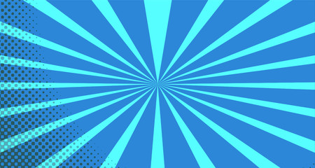 Vintage colorful comic book background. Blue blank bubbles of different shapes. Rays, radial, halftone, dotted effects. For sale banner for your designe 1960s. With copy space eps10.