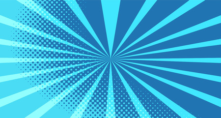 Vintage colorful comic book background. Blue blank bubbles of different shapes. Rays, radial, halftone, dotted effects. For sale banner for your designe 1960s. With copy space eps10.