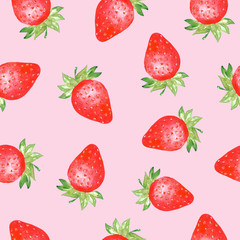 Watercolor seamless pattern with strawberries on pink background. Colorfull bright summer seamless background for textile, wallpapers, print and banners. Healthy food concept.