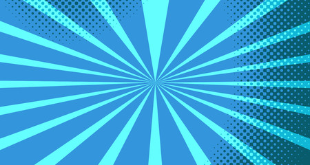Vintage colorful comic book background. Blue blank bubbles of different shapes. Rays, radial, halftone, dotted effects. For sale banner for your designe 1960s. With copy space eps10.