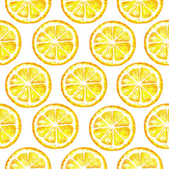 Obraz premium Watercolor hand drawn Illustration with lemons on white background. Colorfull bright summer seamless background for textile, wallpapers, print and banners. Healthy food concept.