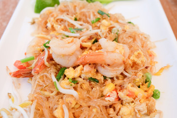 Padthai, stir-fried rice noodles with egg, vegetable and shrimp